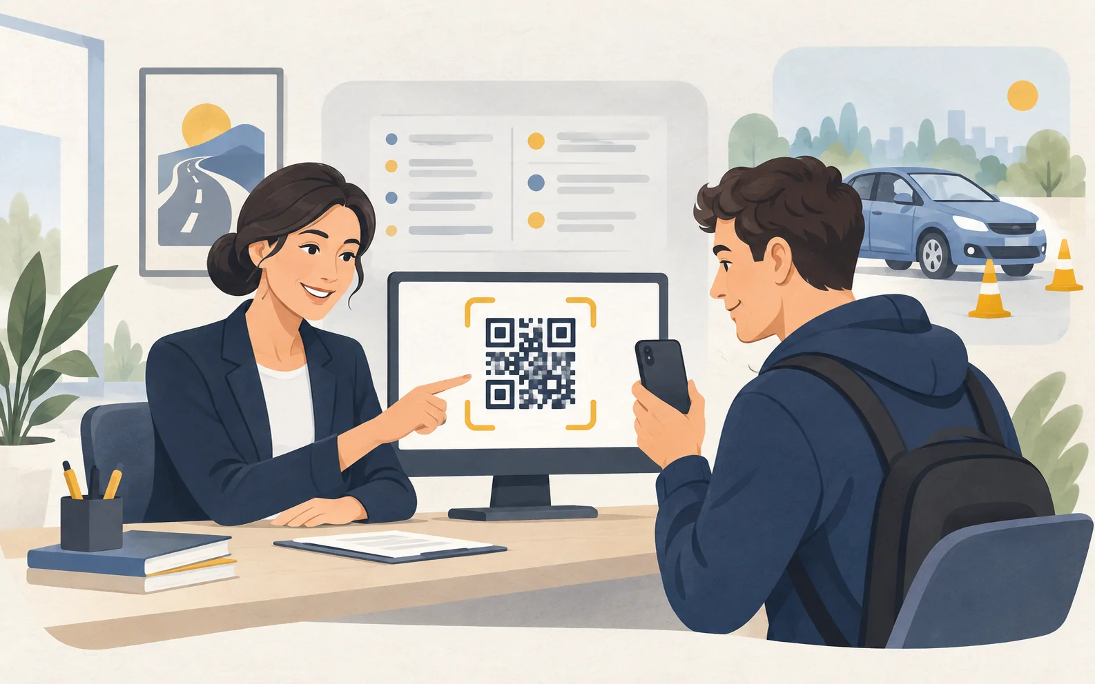 Администратор автошколы показывает ученику QR-код для входа в приложение