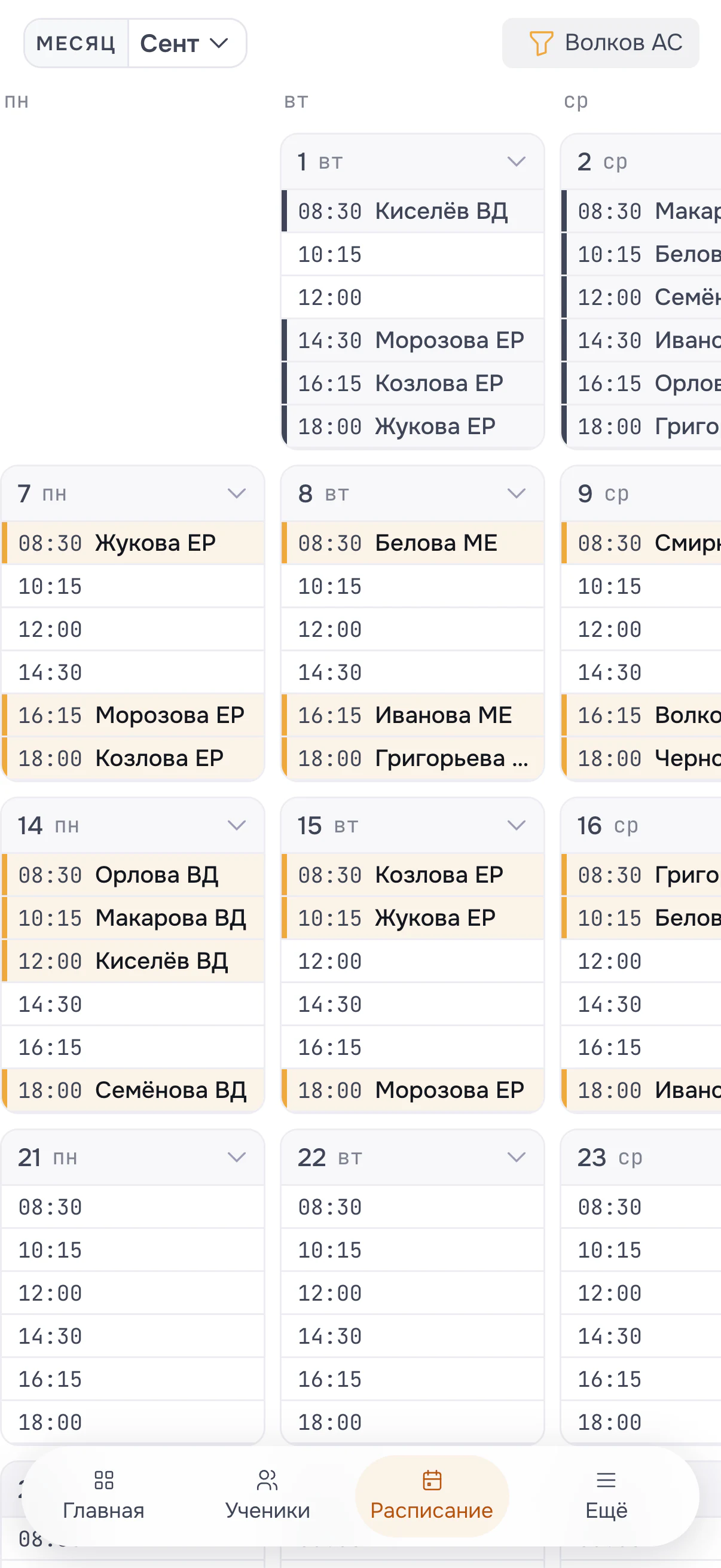 Месяц по слотам в мобильной админке Keneo